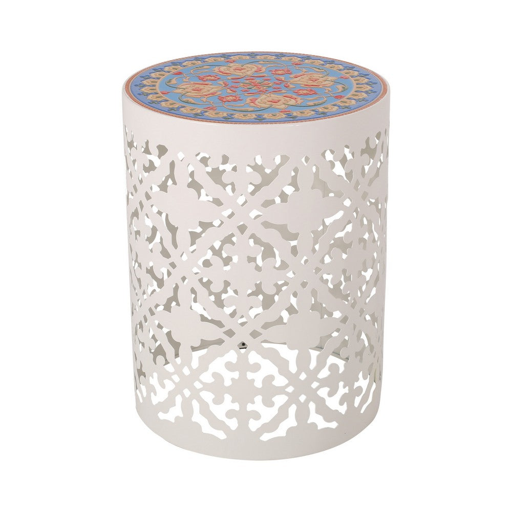 Riki Side End Table, 14 Inch, Mosaic Tile Rattan, White Lace Cut Metal