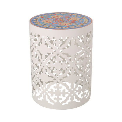 Riki Side End Table, 14 Inch, Mosaic Tile Rattan, White Lace Cut Metal