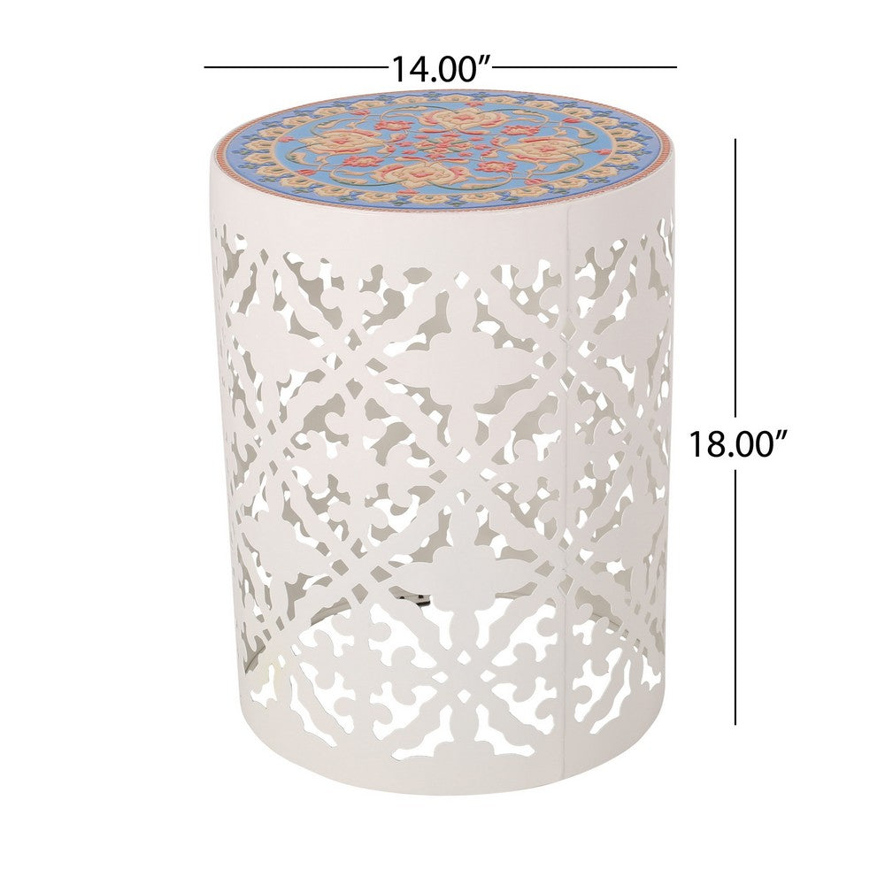 Riki Side End Table, 14 Inch, Mosaic Tile Rattan, White Lace Cut Metal