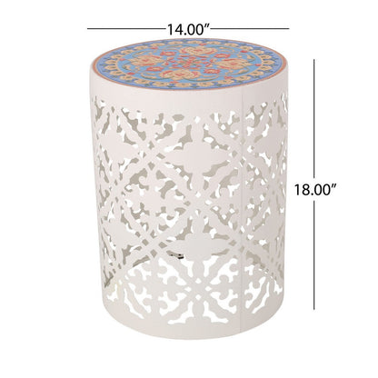 Riki Side End Table, 14 Inch, Mosaic Tile Rattan, White Lace Cut Metal