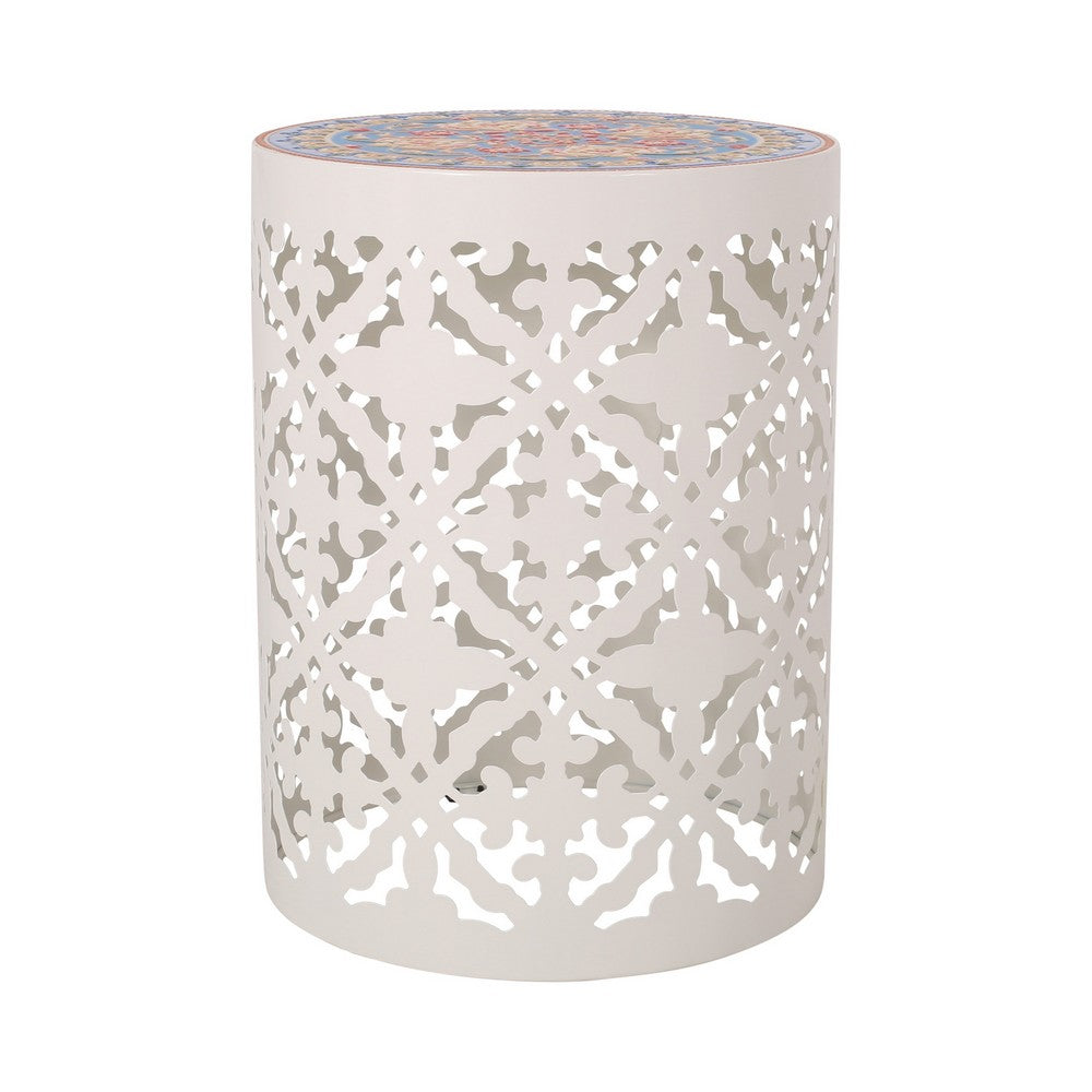 Riki Side End Table, 14 Inch, Mosaic Tile Rattan, White Lace Cut Metal