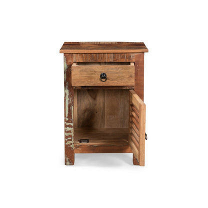 Side End Table, Storage, 25 Inch Black Metal, Natural Distressed Wood