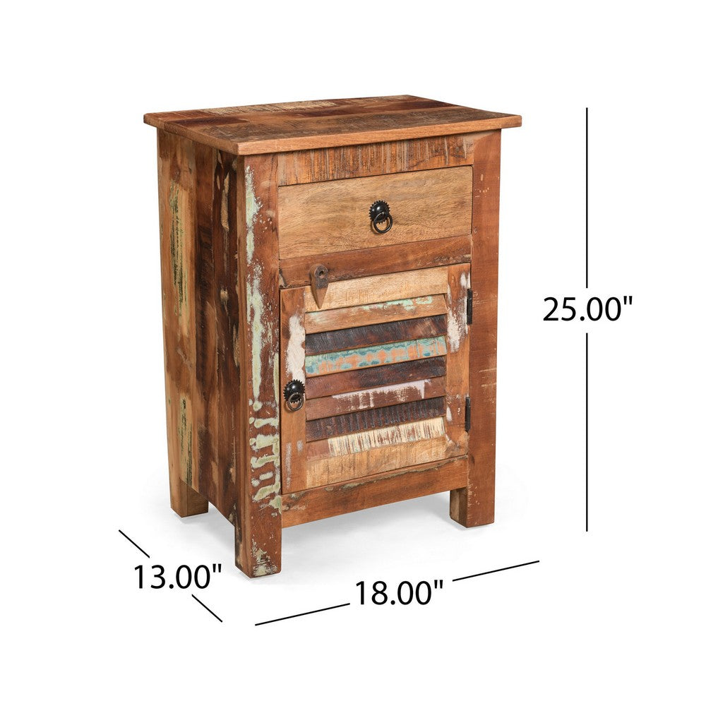 Side End Table, Storage, 25 Inch Black Metal, Natural Distressed Wood