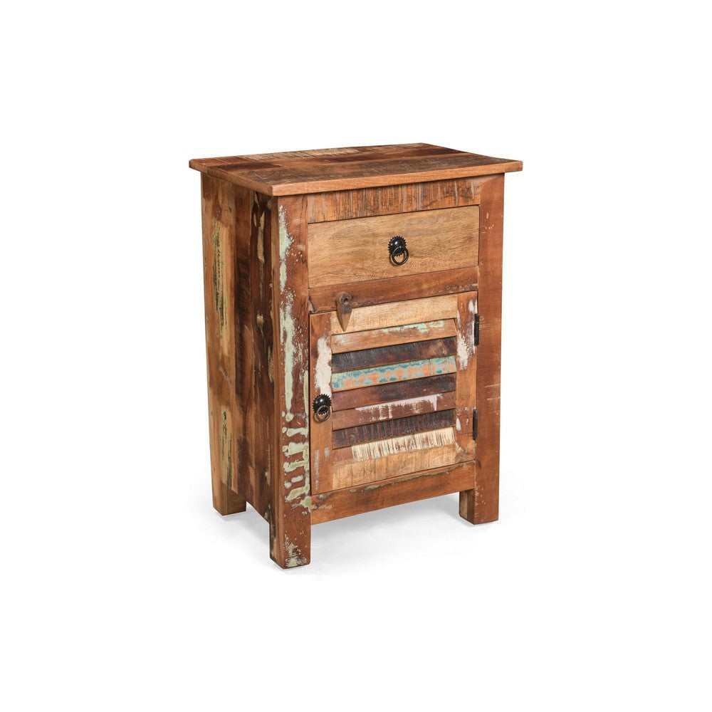 Side End Table, Storage, 25 Inch Black Metal, Natural Distressed Wood