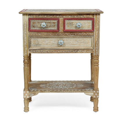 Side End Table with 2 Drawers, 1 Shelf, 24 Inch Natural Mango Wood