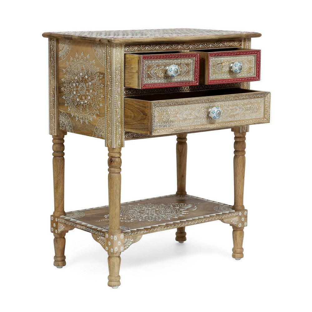 Side End Table with 2 Drawers, 1 Shelf, 24 Inch Natural Mango Wood