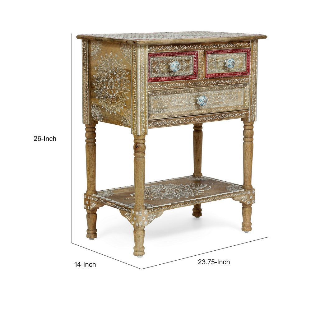 Side End Table with 2 Drawers, 1 Shelf, 24 Inch Natural Mango Wood