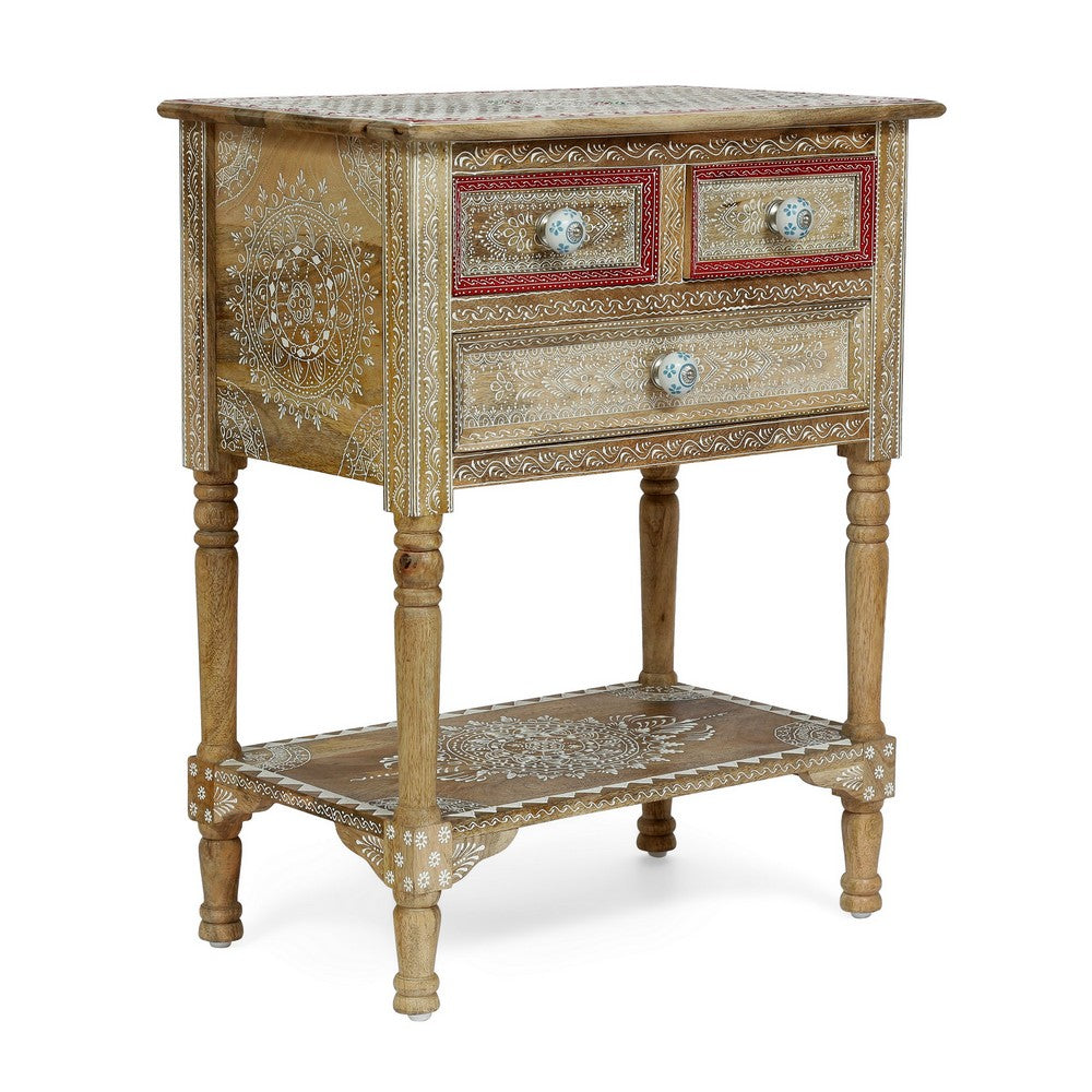Side End Table with 2 Drawers, 1 Shelf, 24 Inch Natural Mango Wood