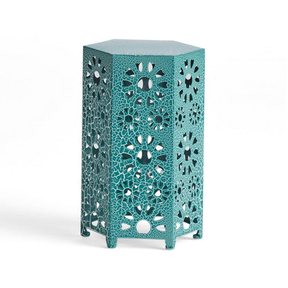 Glena Garden Stool Side Table, Blue Powder Coated Iron, Cutout 12 Inch