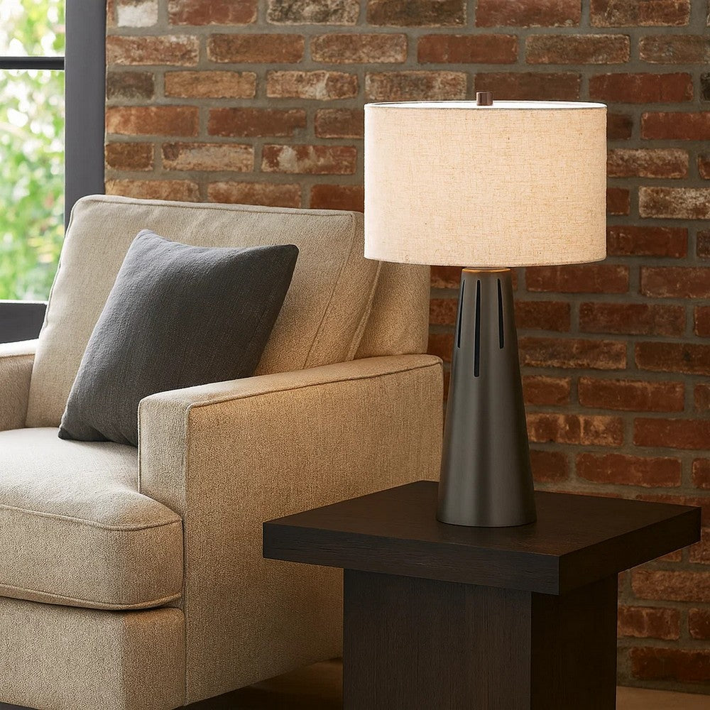 Tiy 30 Inch Table Lamp, White Hardback Drum Shade, Gray Iron Cone Base