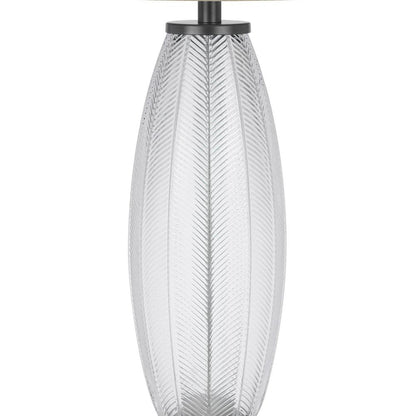 Leno 32 Inch Table Lamp, Leaf Pattern Clear Glass Base, Beige Shade