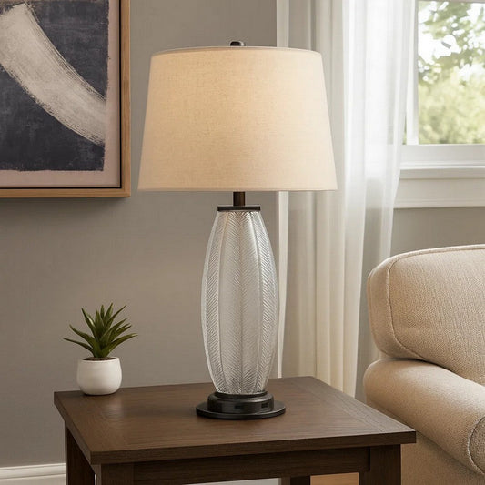 Leno 32 Inch Table Lamp, Leaf Pattern Clear Glass Base, Beige Shade