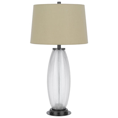 Leno 32 Inch Table Lamp, Leaf Pattern Clear Glass Base, Beige Shade