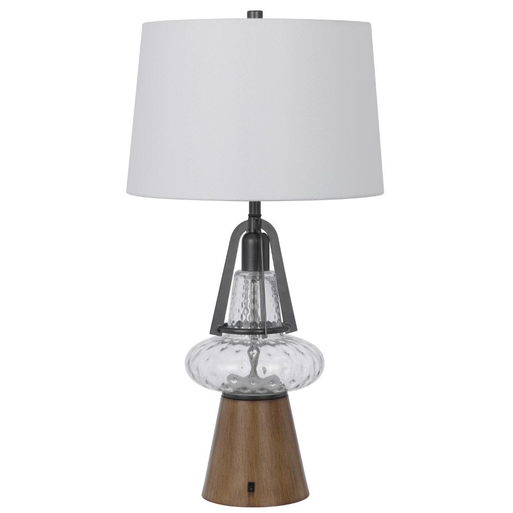 Leya 30 Inch Table Lamp, Lantern Style Glass Base, White Fabric Shade