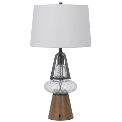 Leya 30 Inch Table Lamp, Lantern Style Glass Base, White Fabric Shade