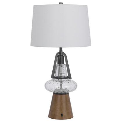 Leya 30 Inch Table Lamp, Lantern Style Glass Base, White Fabric Shade