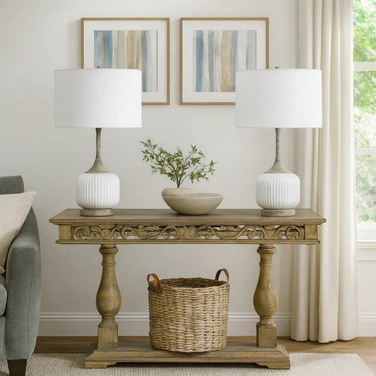 Myra Table Lamp Set of 2, Fluted Accent Glass Base, White Fabric Shade