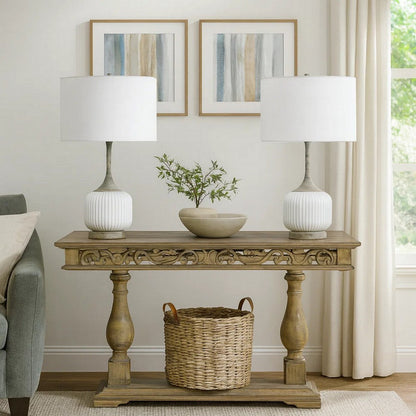 Myra Table Lamp Set of 2, Fluted Accent Glass Base, White Fabric Shade