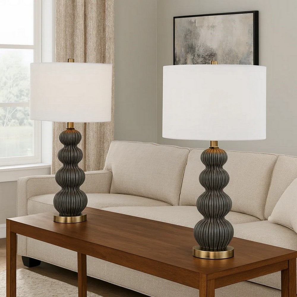 Lomy 26 Inch Table Lamp Set of 2, Stacked Ball Gray Black, White Shade