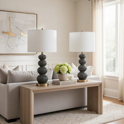Lomy 26 Inch Table Lamp Set of 2, Stacked Ball Gray Black, White Shade