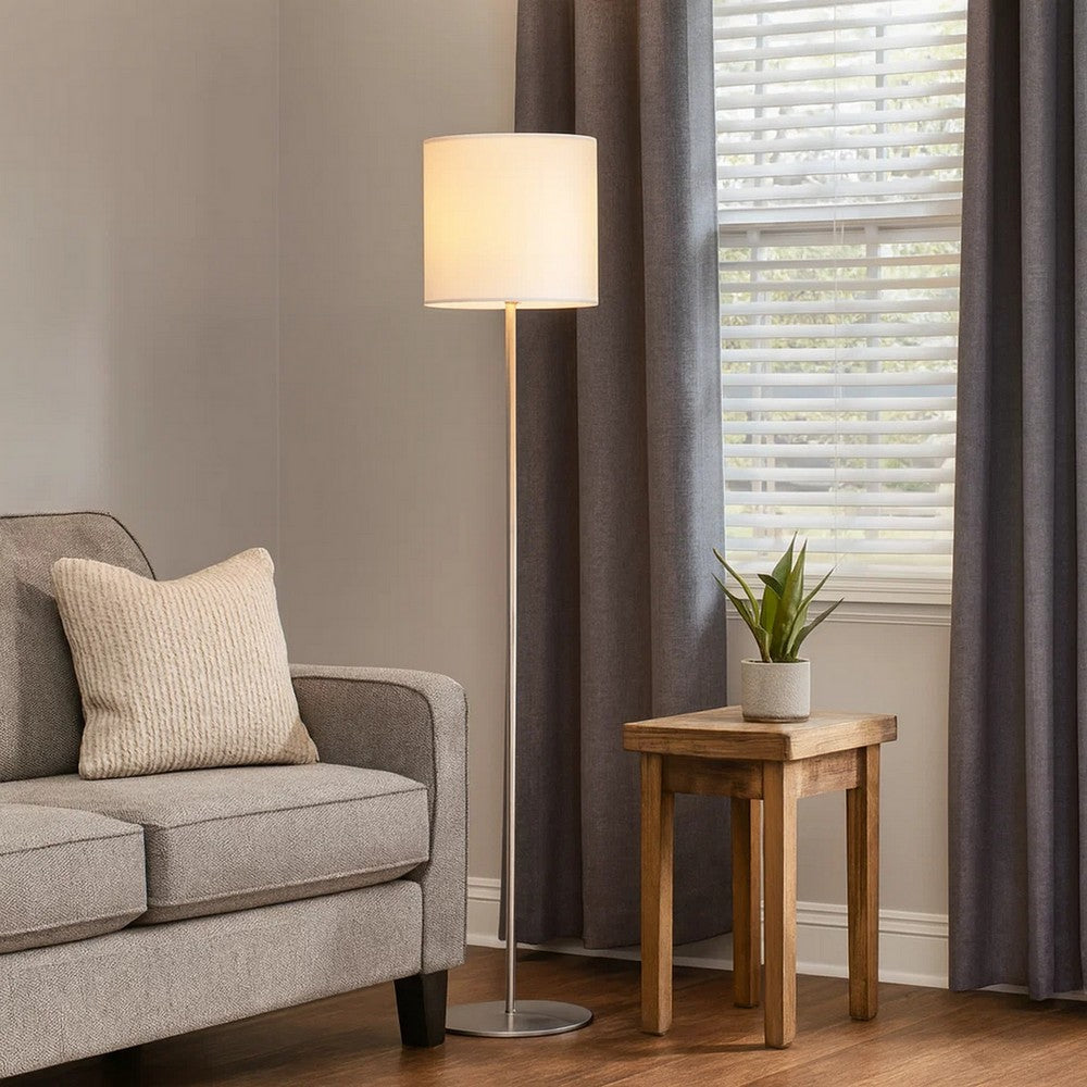 Plue 63 Inch Floor Lamp, Chrome Pole Round Base, Off White Drum Shade