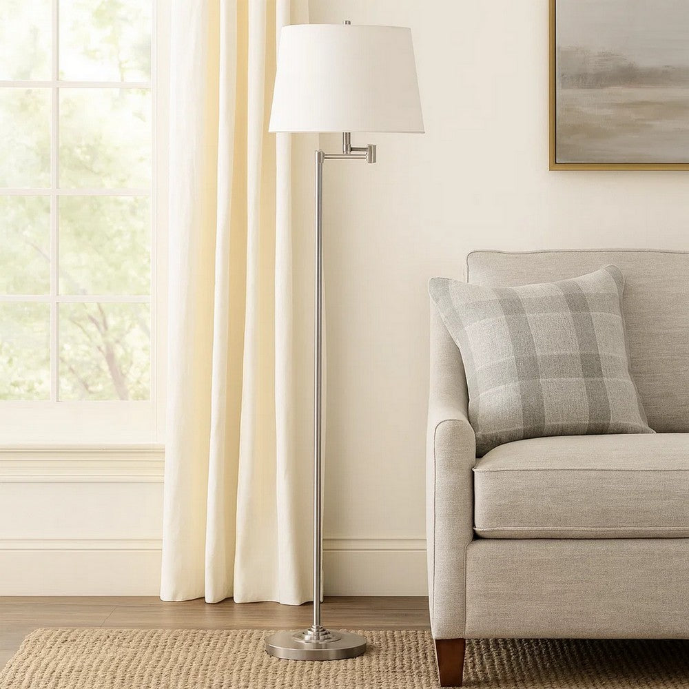 Tomi 63 Inch Floor Lamp, Double Swing Arm, Brushed Steel, White Shade