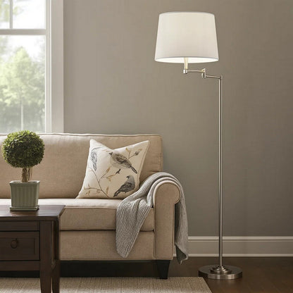 Tomi 63 Inch Floor Lamp, Double Swing Arm, Brushed Steel, White Shade