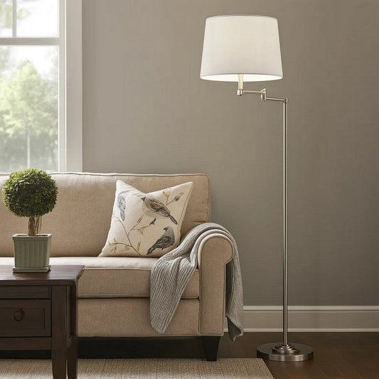 Tomi 63 Inch Floor Lamp, Double Swing Arm, Brushed Steel, White Shade