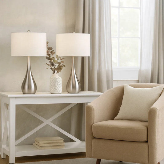 Ege Table Lamp Set of 2, Teardrop Brushed Steel Base, White Shade