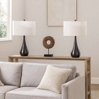 Ege Table Lamp Set of 2, Teardrop Bronze Metal Base, White Shade
