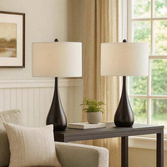 Ege Table Lamp Set of 2, Teardrop Bronze Metal Base, White Shade