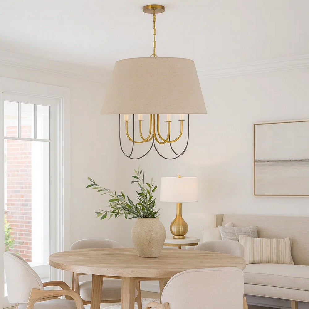 Pomy 24 Inch Chandelier, Hardback Burlap Shade, Gold Black Metal