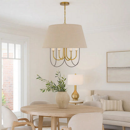 Pomy 24 Inch Chandelier, Hardback Burlap Shade, Gold Black Metal