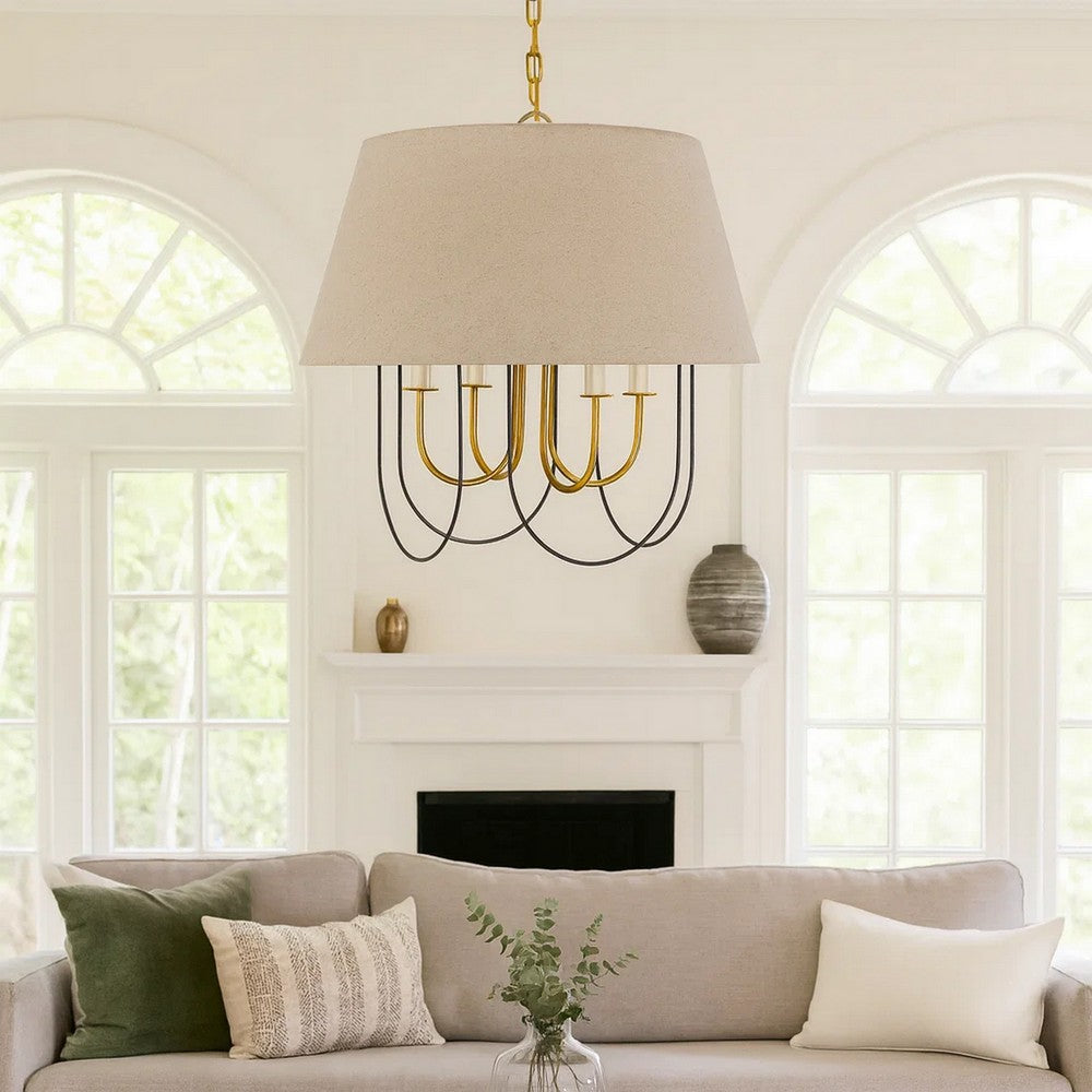 Pomy 24 Inch Chandelier, Hardback Burlap Shade, Gold Black Metal
