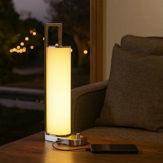 Mora Table Lamp, 2 USB Ports, Dimmer LED Light, Chrome Steel 23 Inch