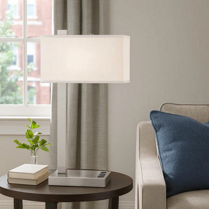 Nacy Table Lamp, 1 Power Outlet and USB Port, Chrome Steel 25 Inch