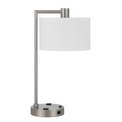 Ano Table Lamp, 2 Outlets, 1 USB, White Shade, Chrome Metal 22 Inch