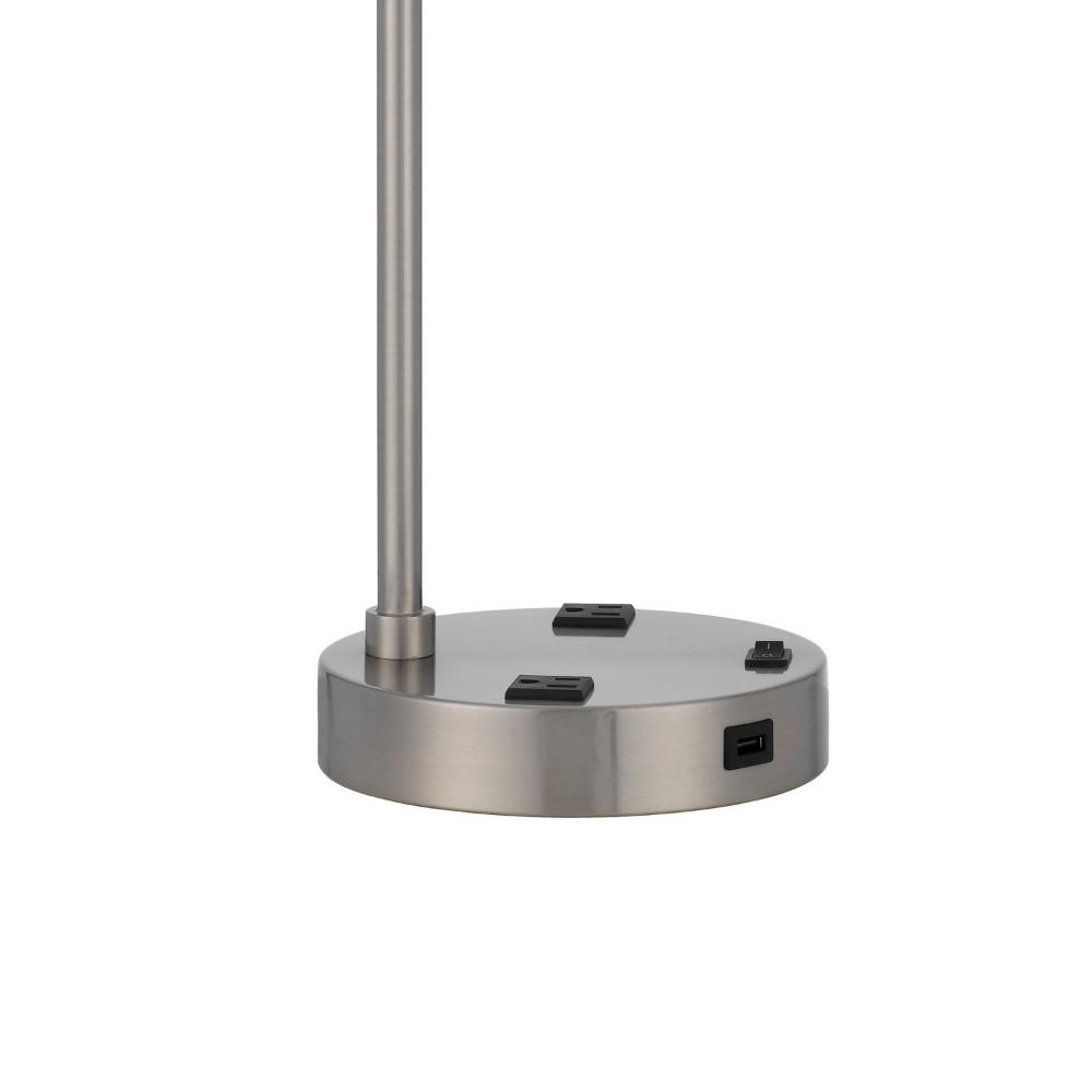 Ano Table Lamp, 2 Outlets, 1 USB, White Shade, Chrome Metal 22 Inch