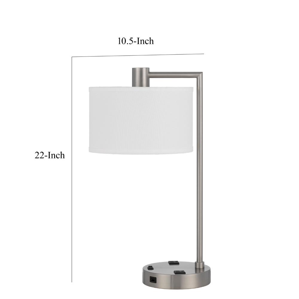 Ano Table Lamp, 2 Outlets, 1 USB, White Shade, Chrome Metal 22 Inch