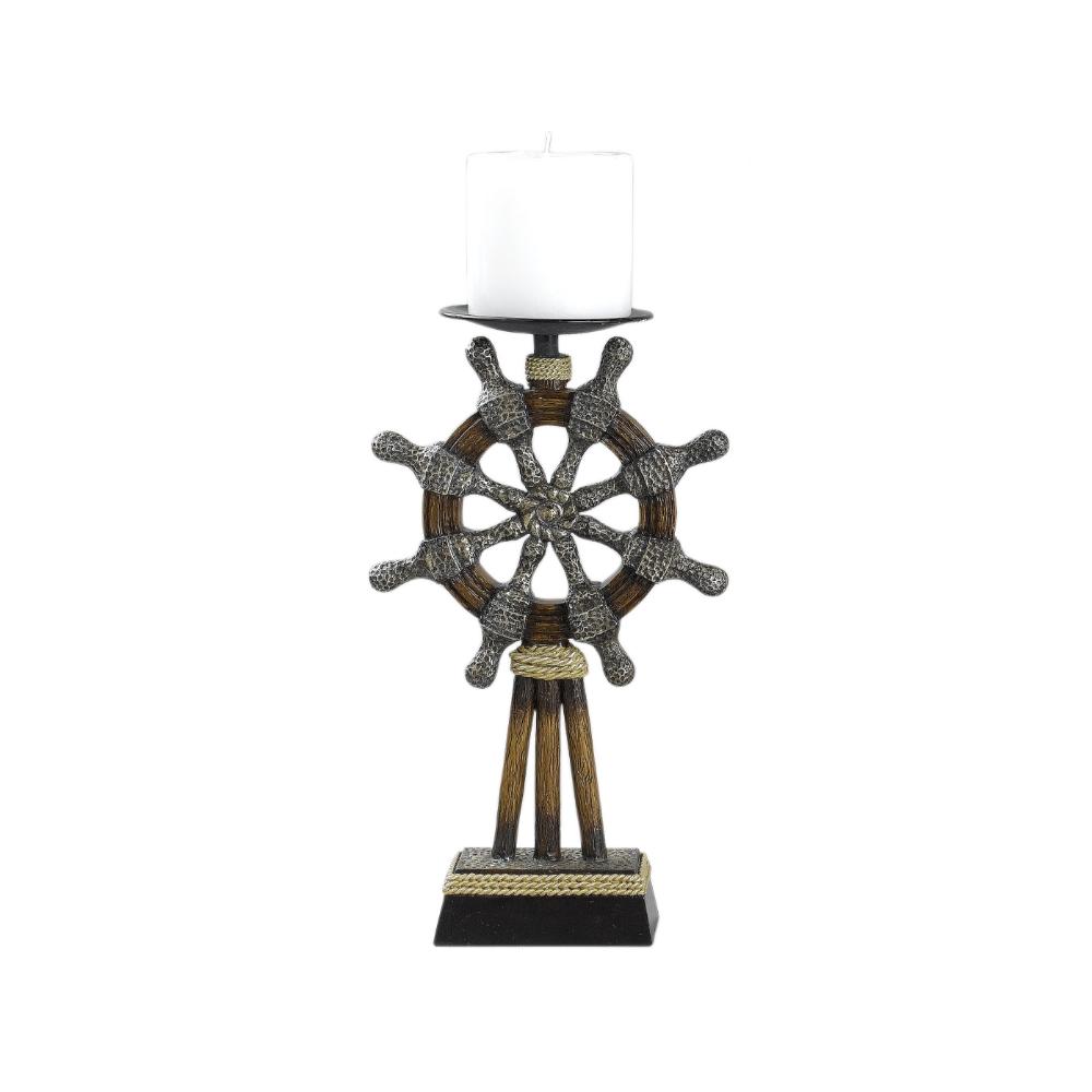 Capi 3pc Candle Holder Set w Candles, Bronze Wheel Shape, Solid Base