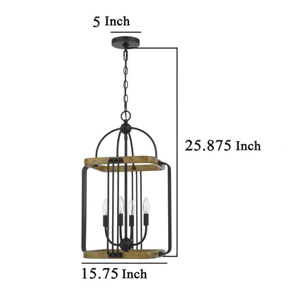 Rio 16 Inch Chandelier w Upturned Lights and Canopy, Wood, Black Metal