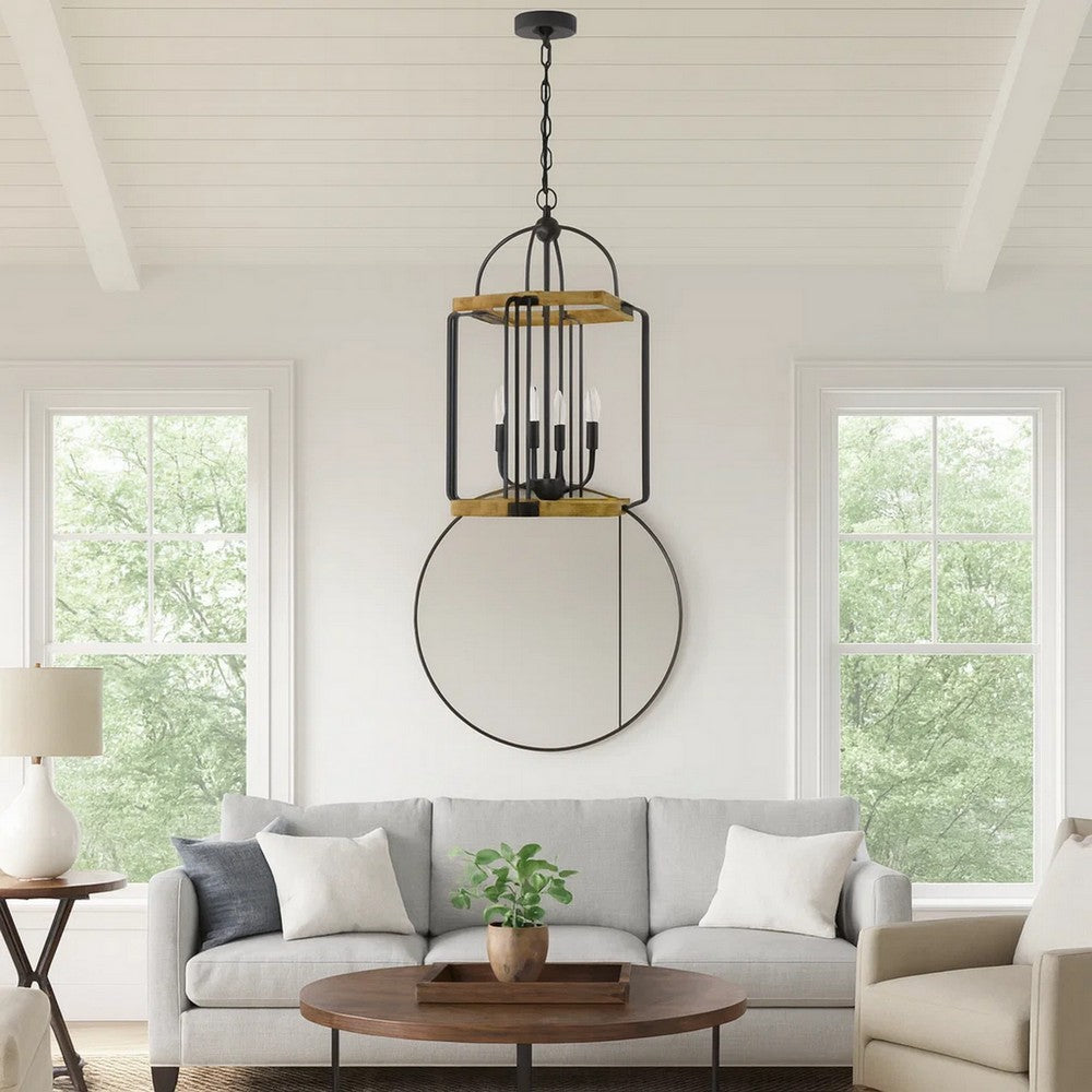 Rio 16 Inch Chandelier w Upturned Lights and Canopy, Wood, Black Metal