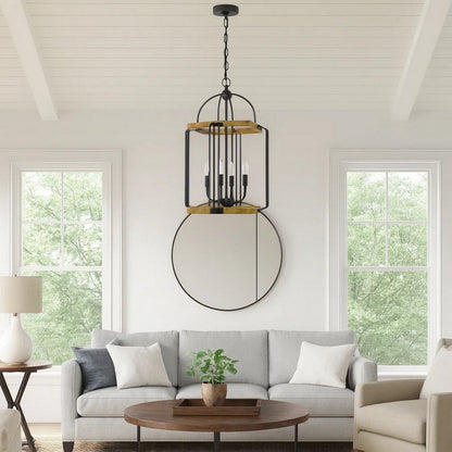 Rio 16 Inch Chandelier w Upturned Lights and Canopy, Wood, Black Metal