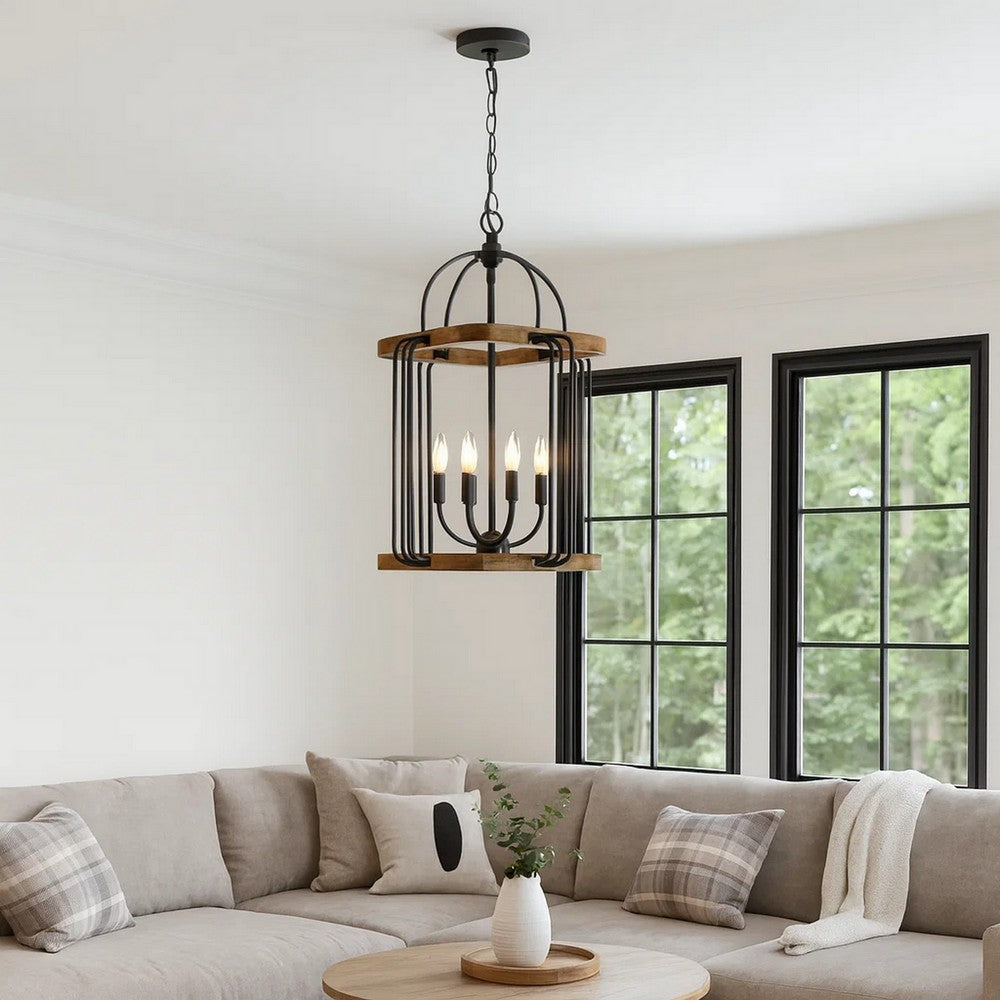 Rio 16 Inch Chandelier w Upturned Lights and Canopy, Wood, Black Metal