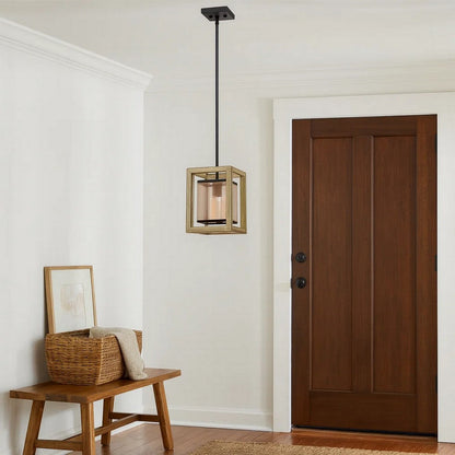 Acia 8 Inch Pendant Light, Rustic Brown Organza Shade, Wood, Metal
