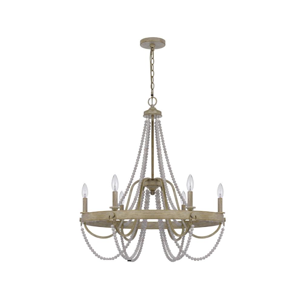 Maci 28 Inch Chandelier, White Beaded Candelabra Design, Brown Wood