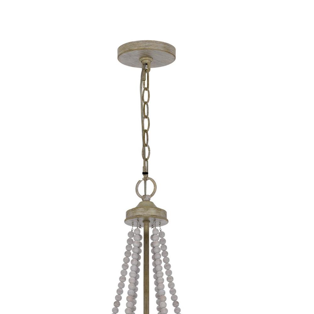 Maci 28 Inch Chandelier, White Beaded Candelabra Design, Brown Wood