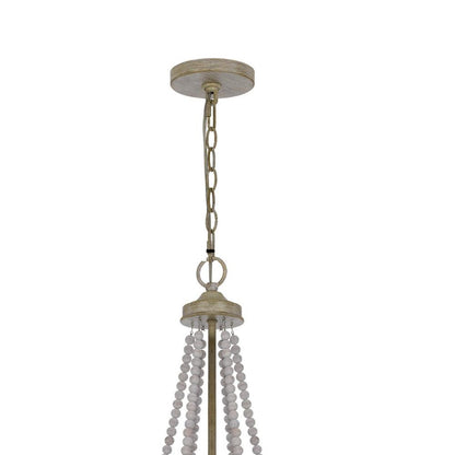 Maci 28 Inch Chandelier, White Beaded Candelabra Design, Brown Wood