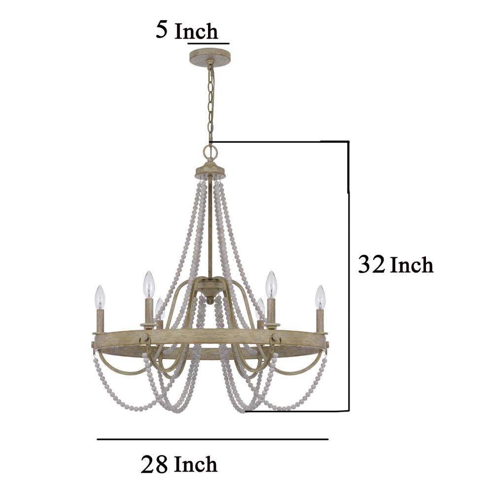 Maci 28 Inch Chandelier, White Beaded Candelabra Design, Brown Wood
