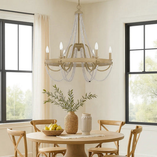 Maci 28 Inch Chandelier, White Beaded Candelabra Design, Brown Wood